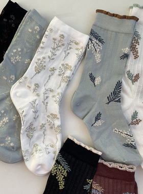 春夏季碎花蓝色白色袜子女2025新款爆款女款配小皮鞋夏薄款中筒袜