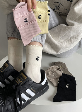 花边可爱樱桃粉色白色黑色袜子女2024新款女款配玛丽珍鞋中筒袜秋