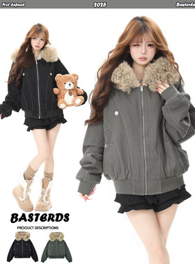 Basterds美式座山雕棉服外套女冬季新款加绒毛领连帽保暖短款棉衣
