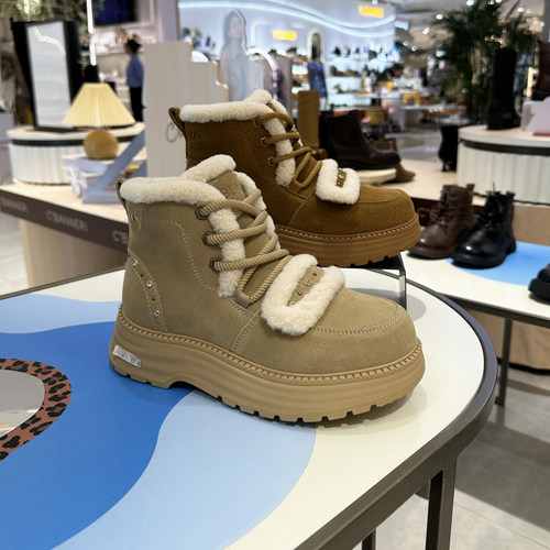 伊伴短靴女鞋冬季棉鞋厚底雪地靴