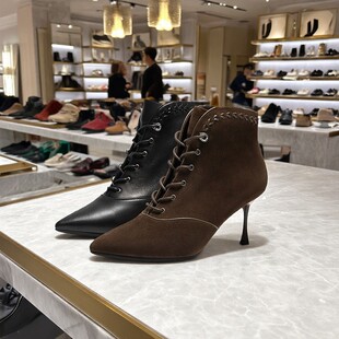 natursun娜冉女鞋尖头细高跟真皮女士靴子系带2025新款N25550105