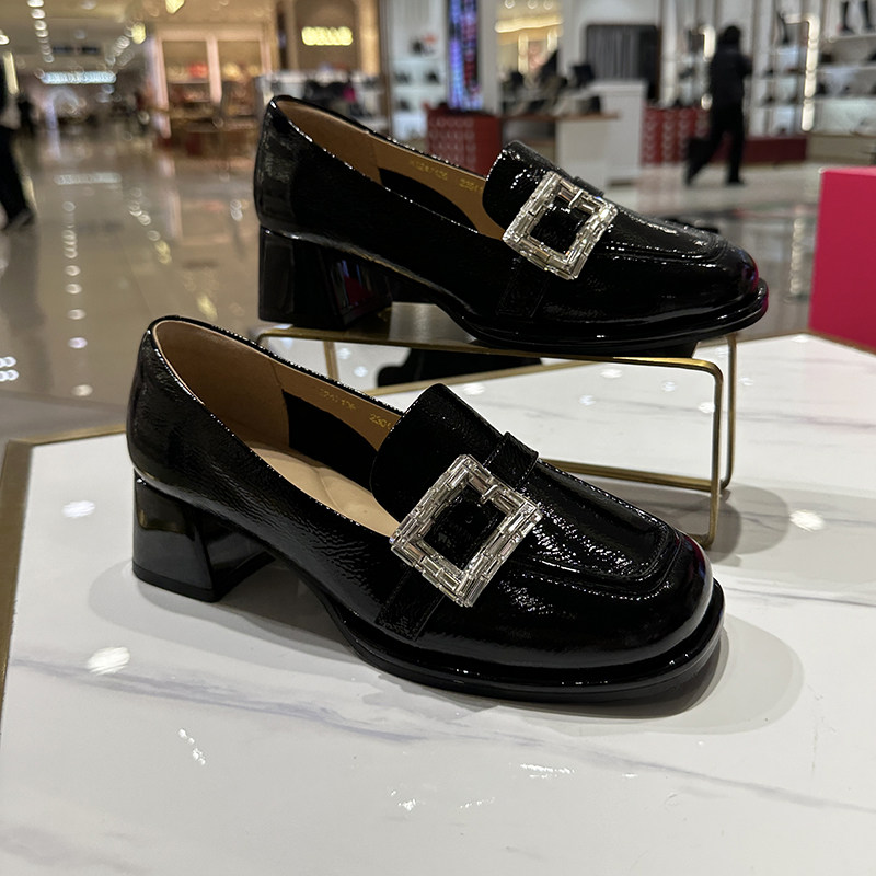 HARSON哈森女鞋浅口单鞋2024新款春季乐福鞋豆豆鞋粗跟HS247106