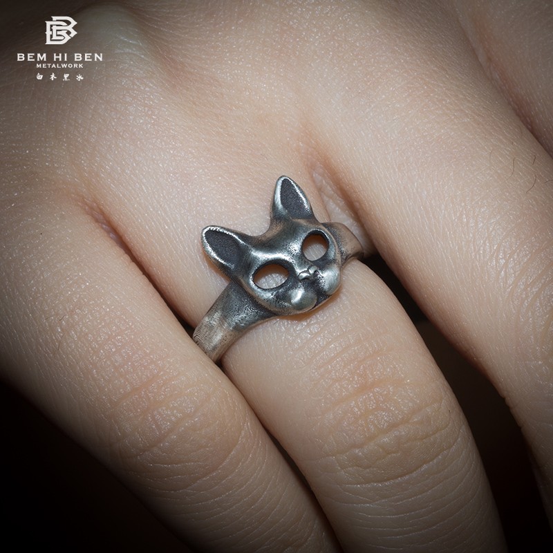 白木黑冰原创925纯银小猫咪戒指