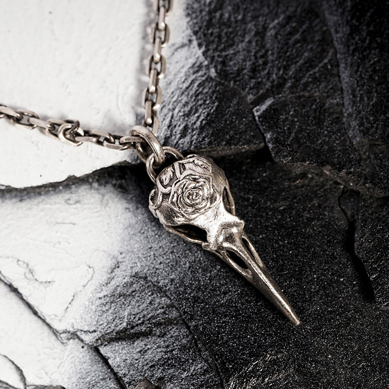白木黑冰原创设计骷髅乌鸦头骨吊坠s925银饰男女情侣玫瑰花项链