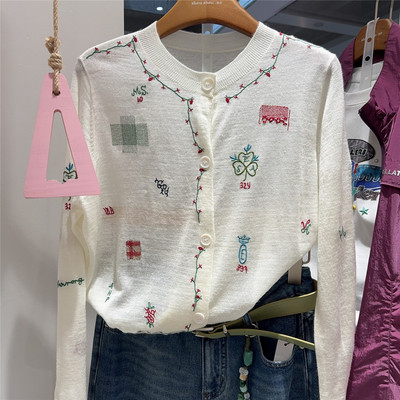 刺绣卡通单排扣圆领长袖针织开衫