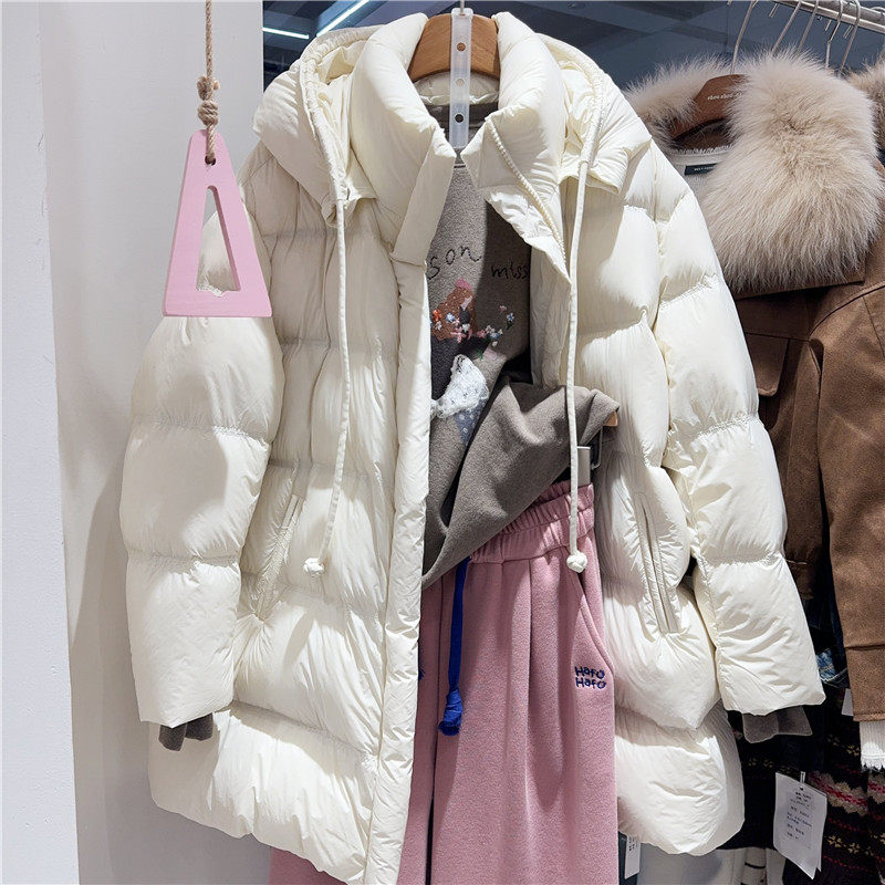 拉链立领连帽白鸭绒羽中长款绒服