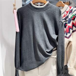 拼接蕾丝半高领长袖 新款 磨毛T恤女6055 2025秋冬季 欧洲站实体同款