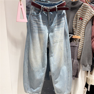 水洗做旧加绒弯刀牛仔长裤 新款 女5058 2025秋冬季 欧洲站实体同款