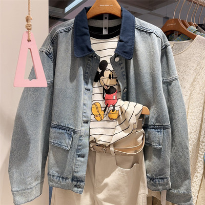 单排扣拼色POLO翻领牛仔外套女