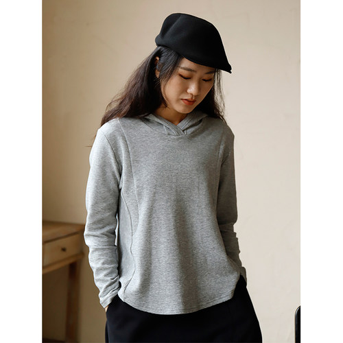 拼接设计感长袖灰色连帽卫衣女