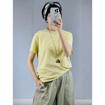 撞色专机线慵懒风圆领短袖T恤女宽松百搭显瘦黄色上衣J2V01T16433