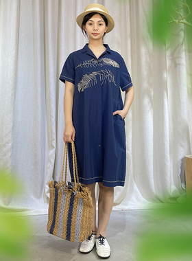 掂量女装 夏季原创设计深蓝色短袖连衣裙设计感衬衫裙Y2W05Q12679