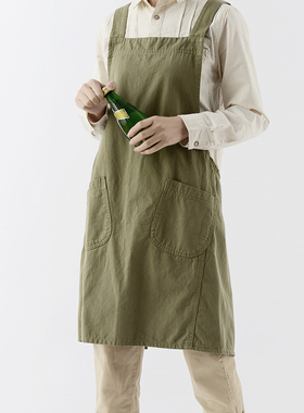 7642韩版纯棉加厚帆布厨房围裙男女咖啡吧园艺花店工作服围腰罩衣