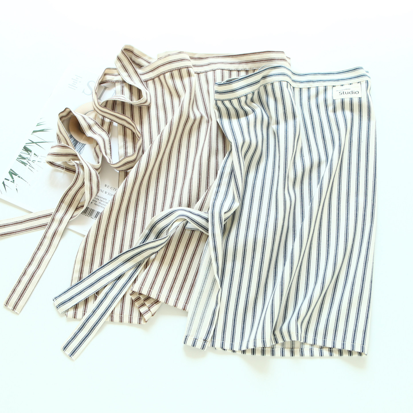 9708纯棉条纹加厚西餐厅烘焙半身围腰工作服男女厨房防污半截围裙