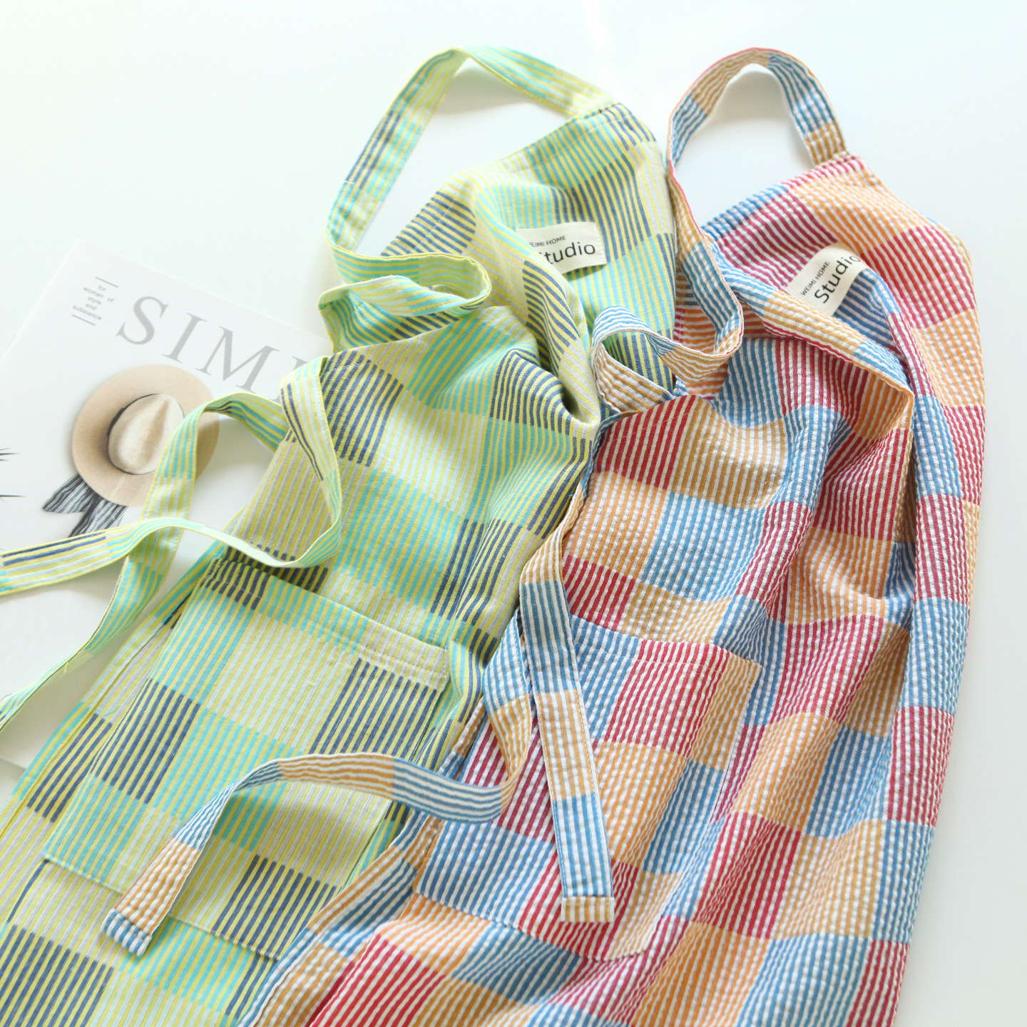 9707彩色格子纯棉围裙厨房烘焙男女通用日系撞色奶茶咖啡店工作服,家庭/个人清洁工具,围裙套装,淘宝优惠券,粉丝福利购,淘宝优惠卷