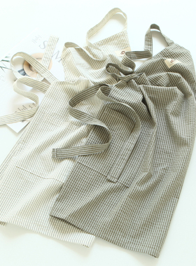 5506日式条纹围裙套装男女通用纯棉格子系带厨房烘焙百搭脖围腰