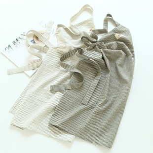 5506日式 男女通用纯棉格子系带厨房烘焙百搭脖围腰 条纹围裙套装