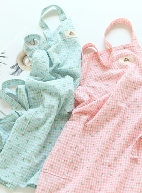 5505日系碎花格子围裙女纯棉厨房家用甜美可爱系带挂脖防污围腰