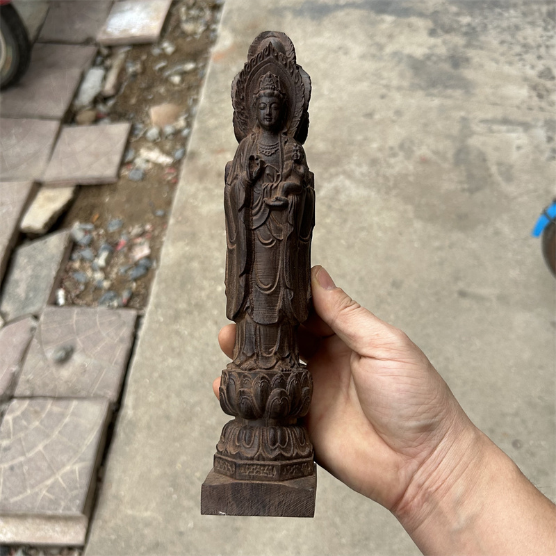 越南沉香木雕三面观音菩萨佛像家用供奉站莲花南海观世音菩萨摆件