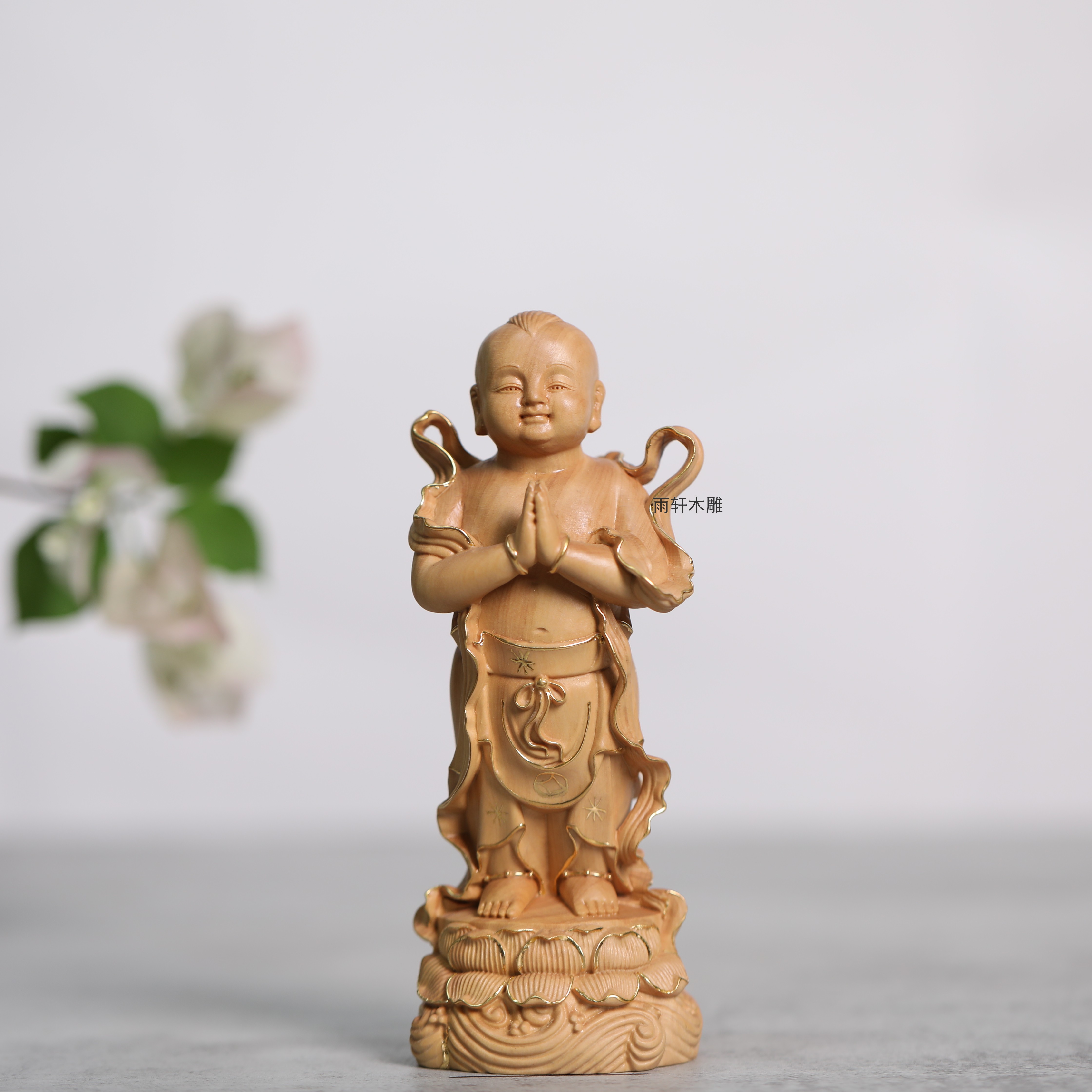 小叶黄杨木雕描金金童玉女像