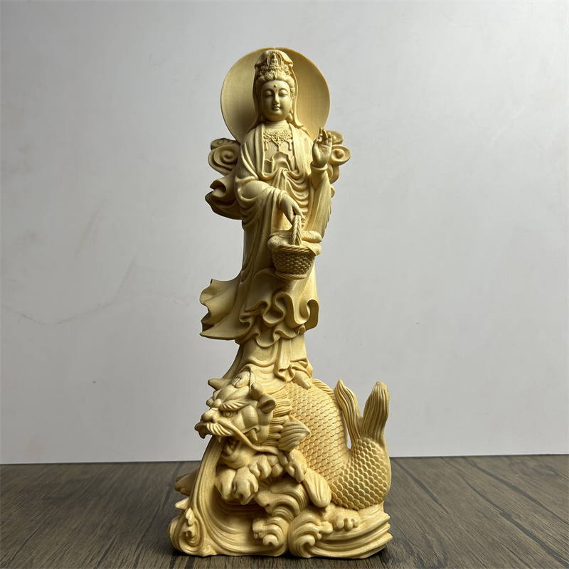 骑鳌鱼提篮观音桧木实木