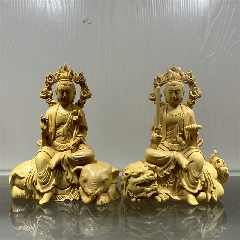 黄杨木雕刻文殊普贤菩萨佛像摆件华严三圣居家装饰工艺品供奉神像