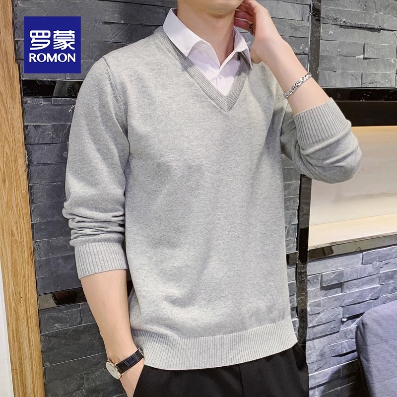 罗蒙假两件毛衣男士秋冬季衬衫领毛线衣休闲内搭加绒打底针织衫男