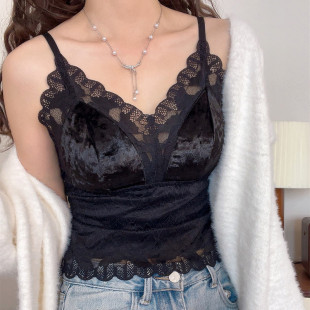 内搭上衣 丝绒带胸垫蕾丝吊带背心美背文胸一体内衣女打底秋冬西装