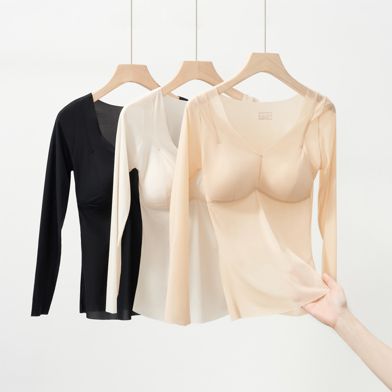 薄款保暖内衣带胸垫美体打底秋衣