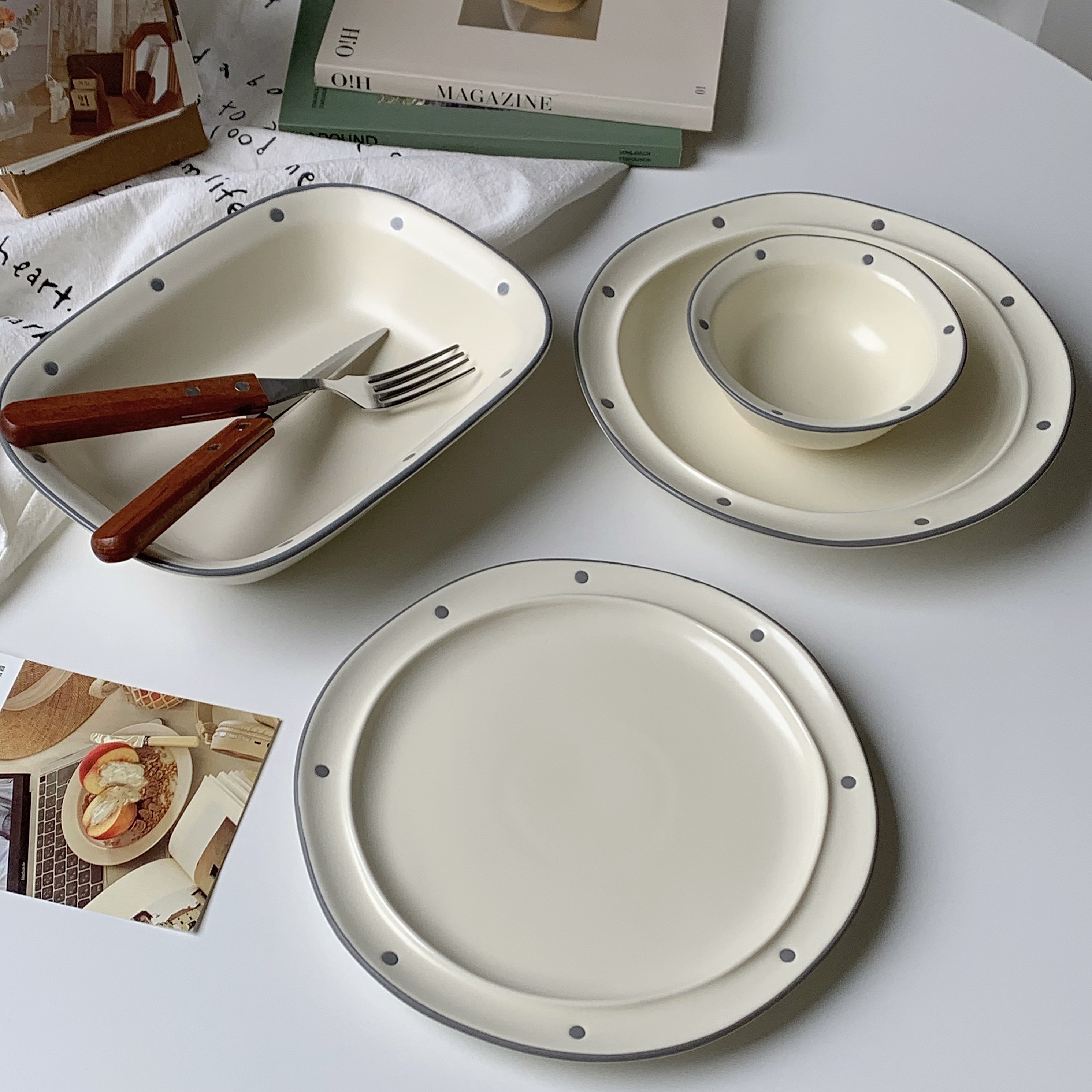 韩国ins风奶白波点餐具陶瓷意面盘子甜品盘高颜值吃饭碗双耳汤碗