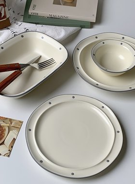 韩国ins风奶白波点餐具陶瓷意面盘子甜品盘高颜值吃饭碗双耳汤碗