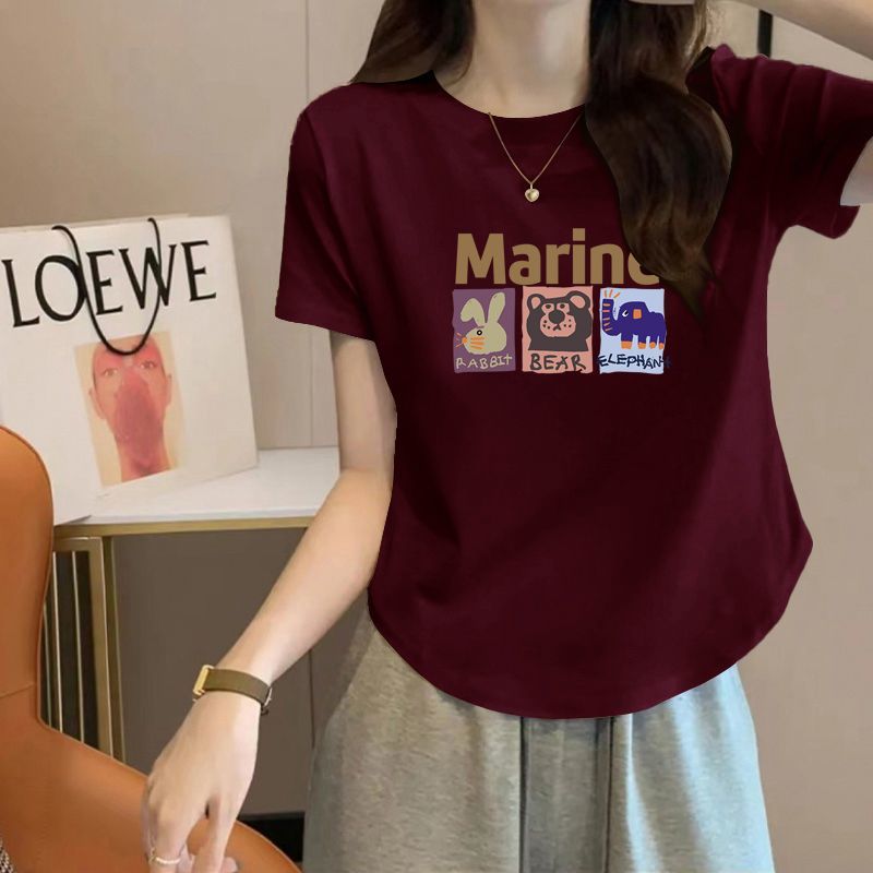 精棉短袖t恤女2025新款夏季印花圆领弧形不规则修身显瘦体恤上衣