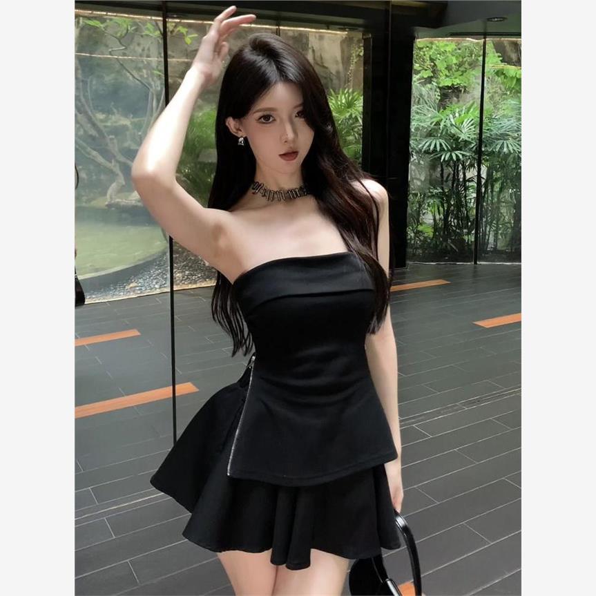 修身显瘦气质黑色抹胸上衣蓬蓬裙裤两件套女早秋新款纯欲辣妹套装