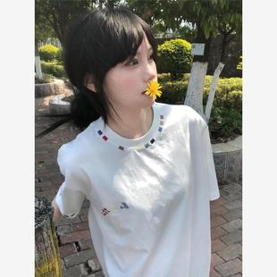 美式 宽松学院风情侣纯棉上衣 高街彩色t恤女夏季 白色短袖