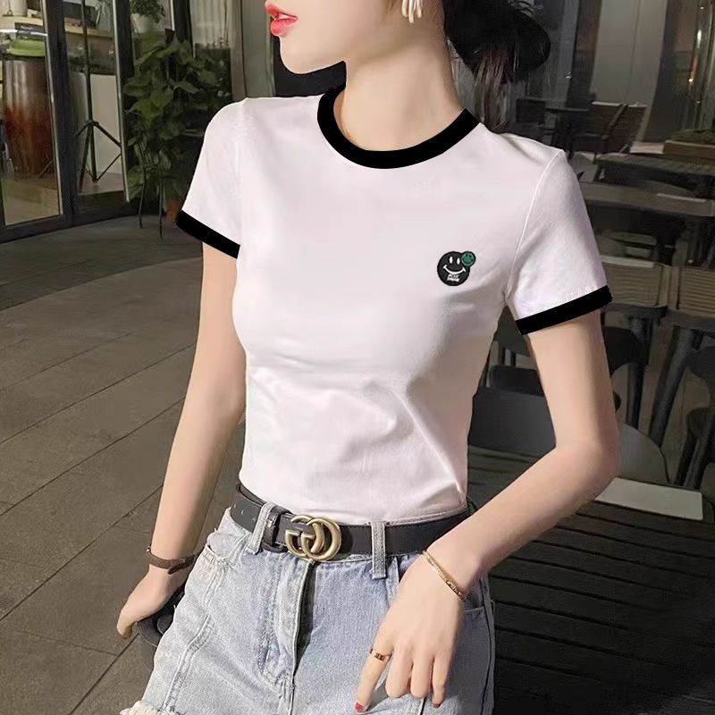 撞色白色纯棉短袖t恤女2025新款欧货夏季圆领修身内搭体恤衫上衣