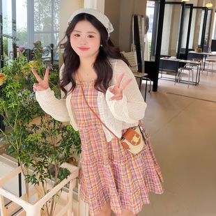 吊带连衣裙两件套 大头婷微胖定制甜美格子新款 吊带裙开衫 春季 套装