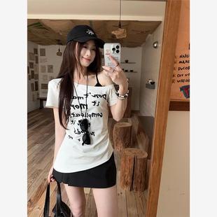 純棉斜領短袖 夏季 辣妹風修身 顯瘦不規則設計感露肩上衣潮 T恤女裝