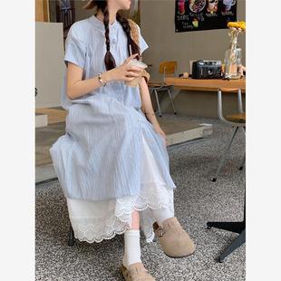 韩系宽松中长款 蓝色条纹短袖 2024新款 衬衫 叠穿两件套 连衣裙女夏季