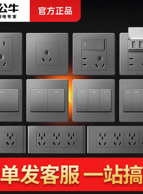 公牛双开双控开关灰色家用大功率暗插座双联单开五孔面板灯光开关