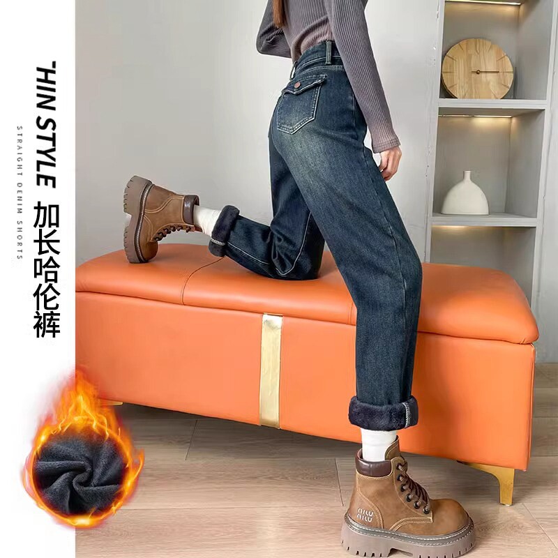加绒哈伦牛仔裤女秋冬2026新款高个子加长加厚老爹萝卜裤