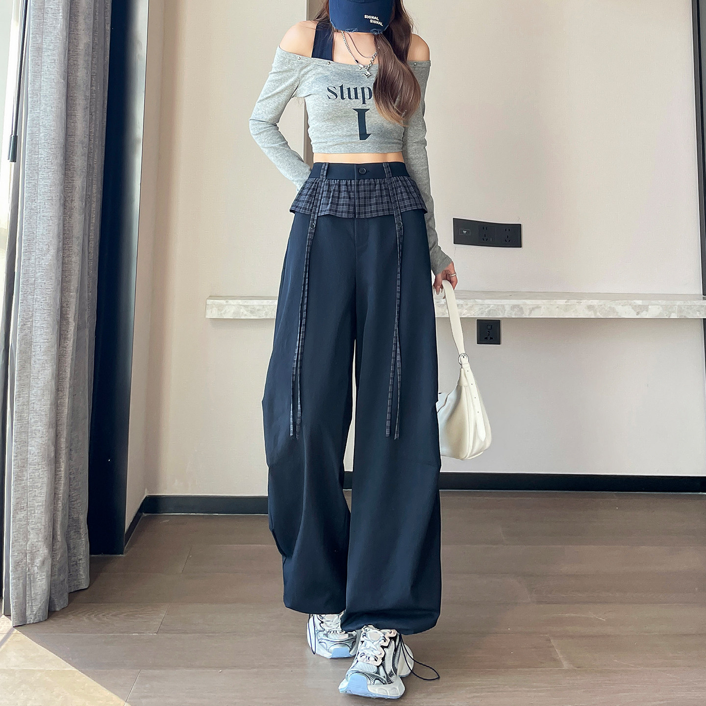 休闲格子皮帘工装裤女2026夏季新款高腰遮胯显高宽松酷飒直筒裤子图片