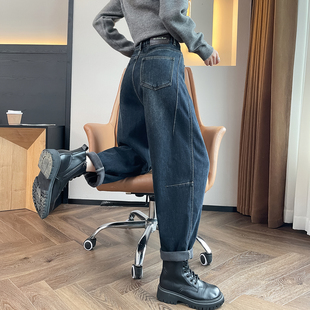加厚宽松显瘦拼接梨型身材萝卜哈伦裤 冬季 子 女老爹裤 加绒牛仔裤