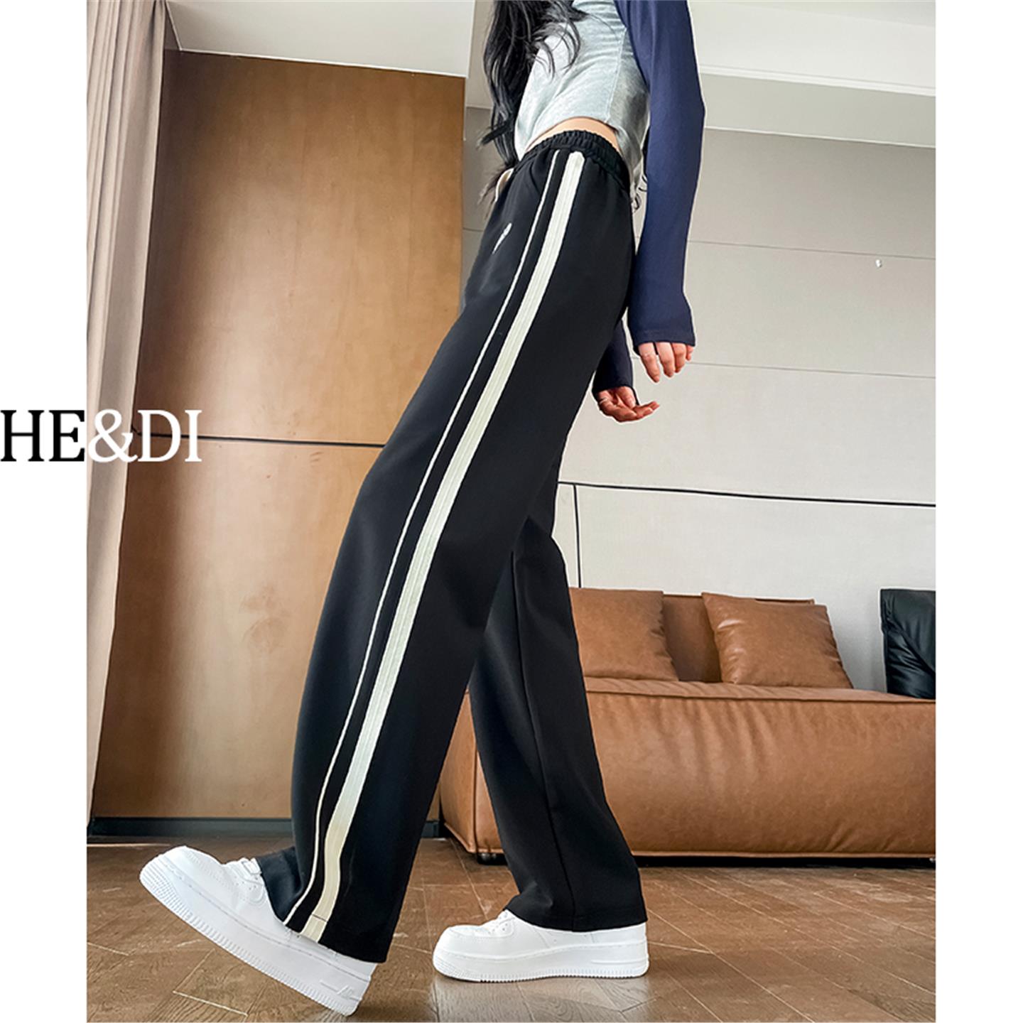 竖条纹运动裤女2025春秋冬新款高腰直高个子加长加绒加厚阔腿裤