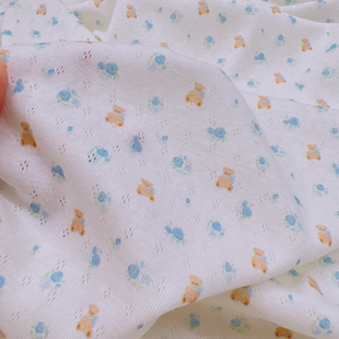 夏季纯棉迷你蓝色碎花小熊提花针织弹力手工娃衣发圈面料21*25㎝