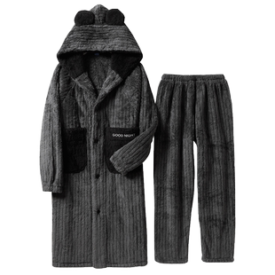 睡衣男秋冬季加厚珊瑚绒睡袍男冬天法兰绒加绒浴袍青年家居服套装