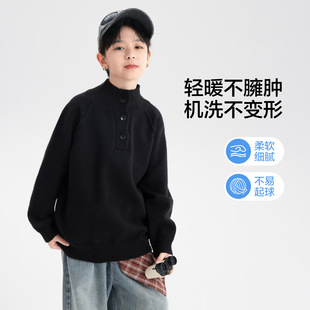 2025冬男童黑色毛衣学生打底衫青少年半高领针织衫小孩套头上衣灰