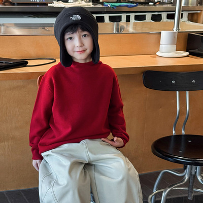 男童黑色针织打底衫2025秋冬儿童连帽毛衣新年装宝宝红色毛衣灰90