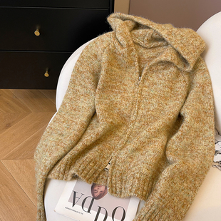 小C家 杂色连帽毛衣开衫外套女2025新款秋冬加厚羊毛针织短款上衣