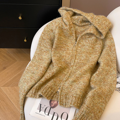 连帽休闲宽松杂色毛衣开衫外套女