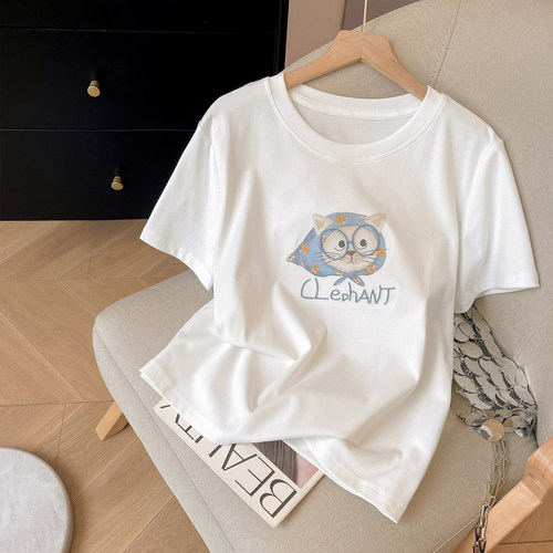 短袖休闲字母刺绣小猫印花白色T